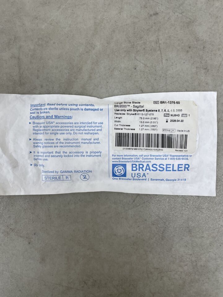 BR1-1375-50 - BRASSELER - Hoja sagital grande para hueso de 13 mm de ancho (unidad) - (Fecha de caducidad: 20/04/2026)