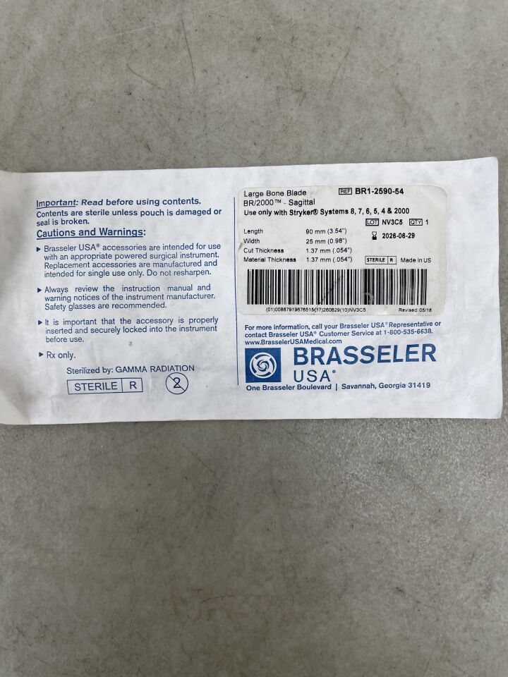BR1-2590-54 - BRASSELER - Hoja de sierra oscilante para huesos grandes, quirúrgica, 90 x 25 mm, (unidad) - (Fecha de caducidad: 29/06/2026)