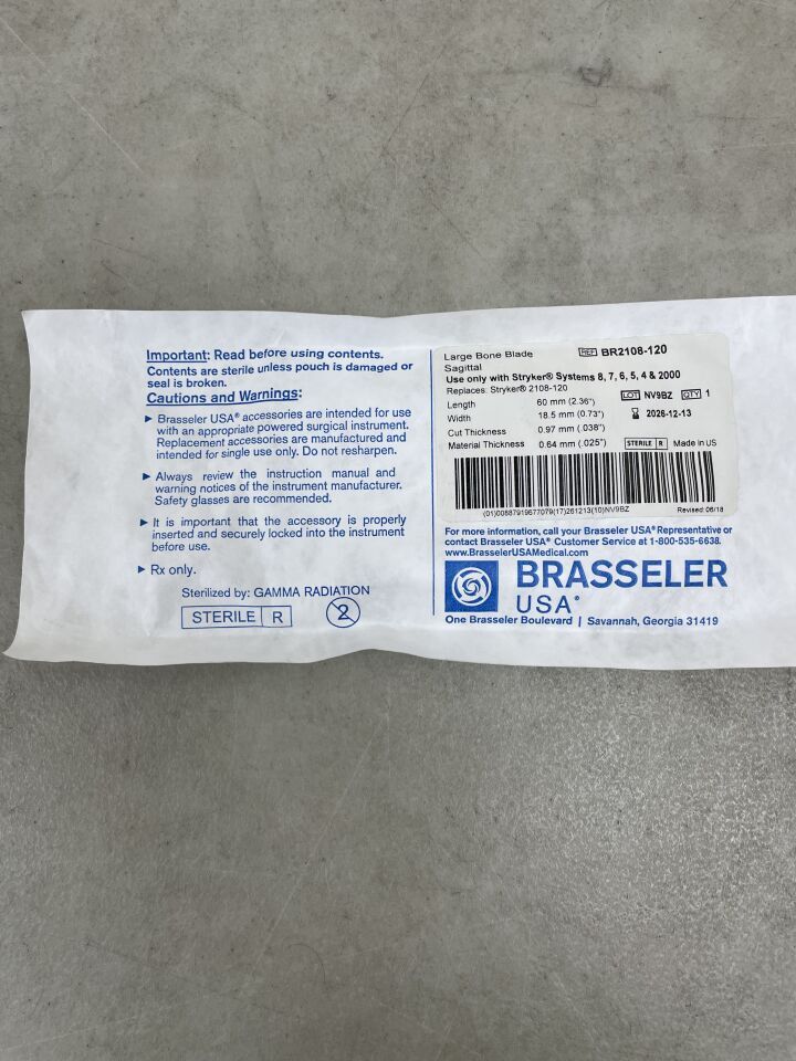 BR2108-120 - BRASSELER - Hoja de sierra sagital para huesos grandes, quirúrgica, 60 x 18,5 mm, (unidad) - (Fecha de caducidad: 13/12/2026)