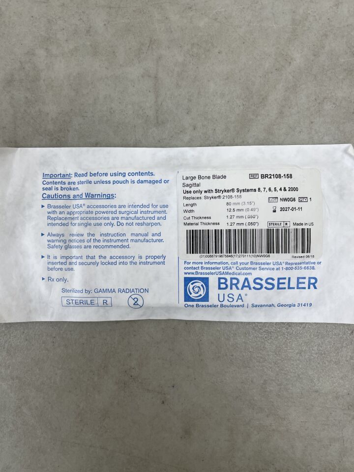 BR2108-158 - BRASSELER - Hoja de sierra sagital para huesos grandes, 80 x 12,5 mm, 1,27 mm de grosor, (unidad) - (Fecha de caducidad: 11/01/2027)