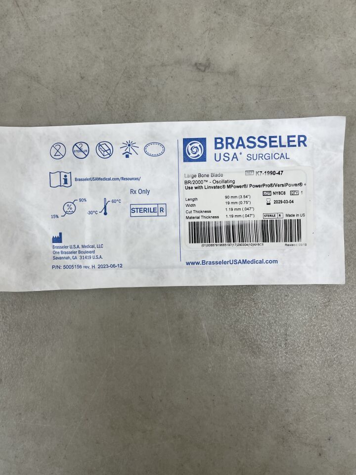 K7-1990-47 - BRASSELER - Hoja de sierra oscilante para huesos grandes, 90 x 19 mm, 1,19 mm de grosor, (unidad) - (Fecha de caducidad: 04/03/2029)
