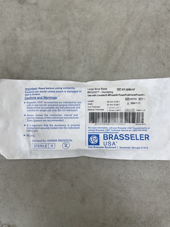 K7-2590-47 - BRASSELER - Hoja de sierra oscilante para huesos grandes, 90 x 25 mm, 1,19 mm de grosor, (unidad) - (Fecha de caducidad: 17/11/2026)