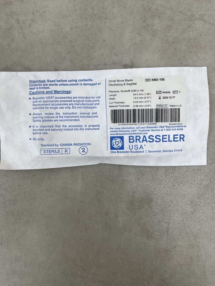 KM3-106 - BRASSELER - Hoja de sierra quirúrgica para esternón, 25,7 x 5,5 mm, (unidad) - (Fecha de caducidad: 17/12/2026)