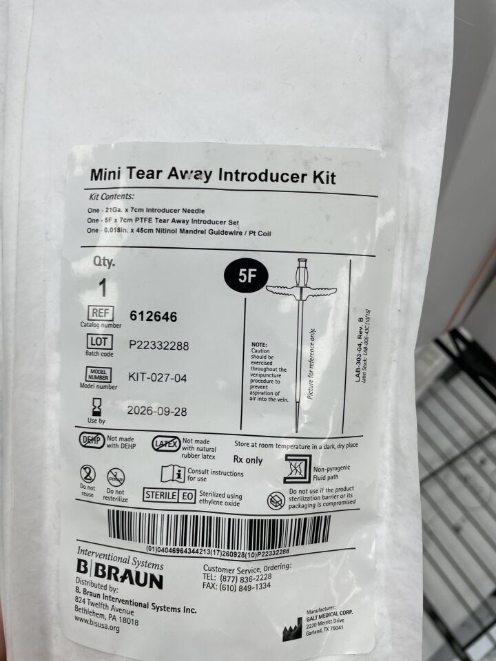 612646 - BRAUN - MINI TEAR AWAY Introducer Kit, 5FR x 7cm, (EA) - ( Expiry Date: 2026-09-28 )