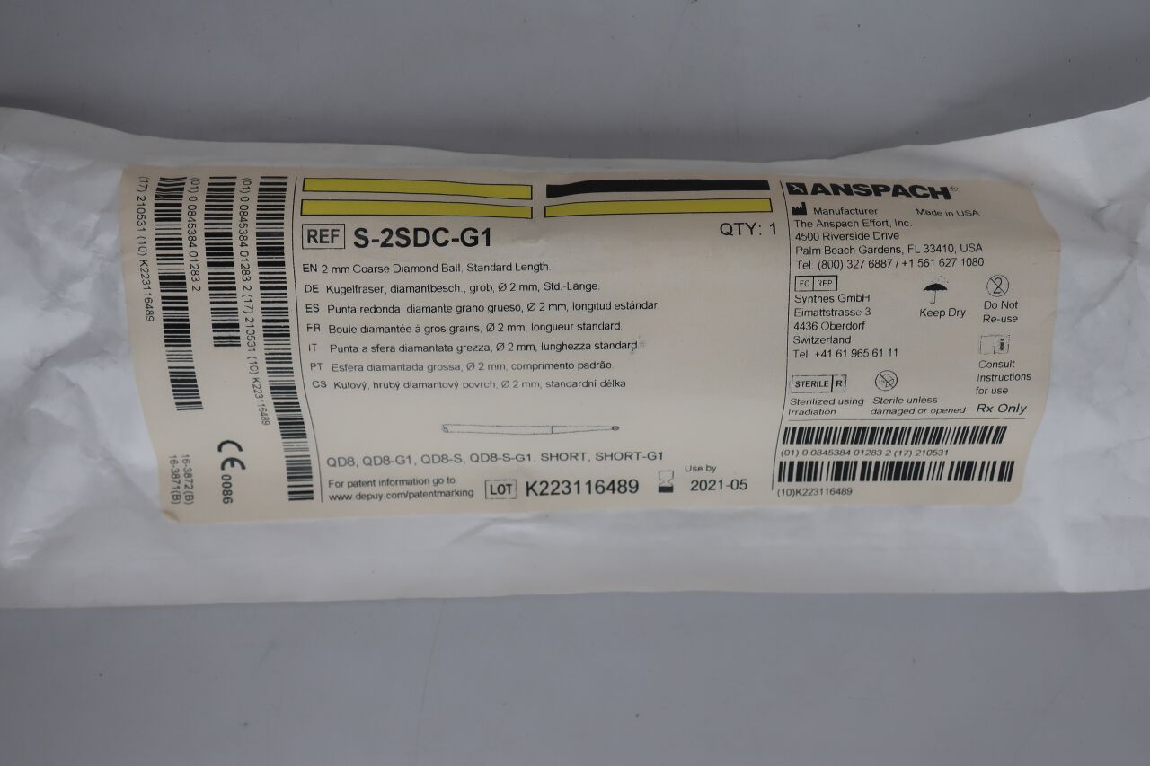 S-2SDC-G1 - ANSPACH - 2 mm Coarse Diamond Ball, Standard Length. Use with QD8-G1, SHORT-G1, QD8, QD8-S, SHORT Attachments., (EA) - ( Expiry Date: 2024-03-04 )