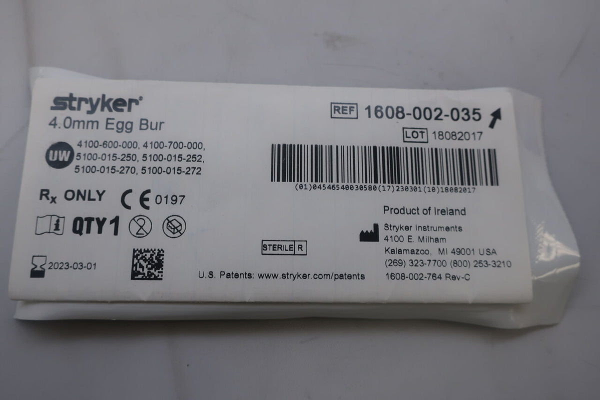1608-002-035 - STRYKER - Fluted Egg Micro Burr, 4 mm Head Diameter, 54 mm Length, (EA)