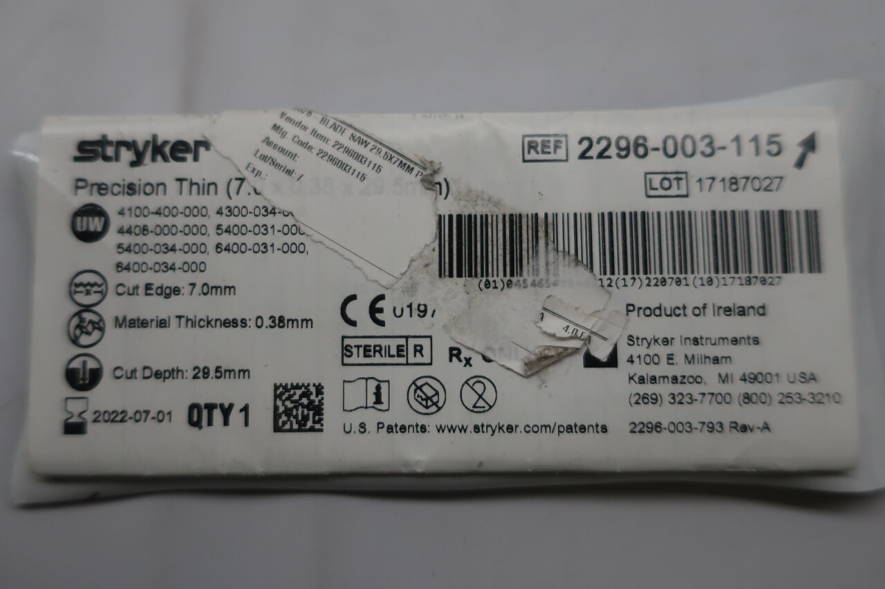 2296-003-115 - STRYKER - Precision Thin Long Narrow Blade, 29.5 L x 7 mm W, (EA) - ( Expiry Date: 2023-02-01 )