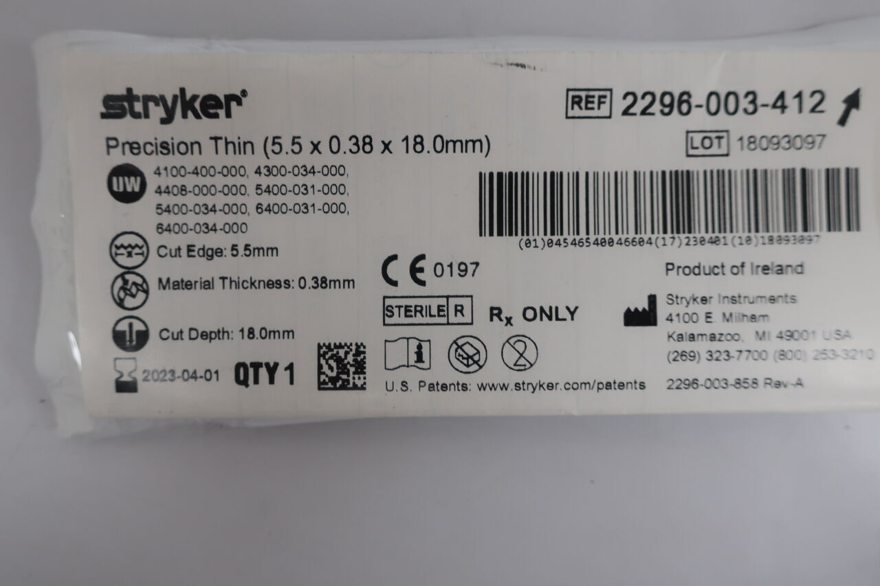 2296-003-412 - STRYKER - Precision Thin Medium Narrow Blade, 18 L x 5.5 mm W, (EA) - ( Expiry Date: 2023-08-01 )