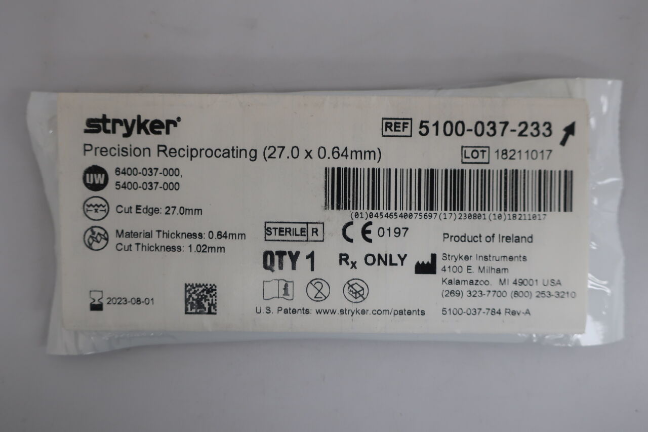 5100-037-233 - STRYKER - Precision Thin Reciprocating Saw Blade, 27 mm Cut Edge, (EA) - ( Expiry Date: 2023-09-01 )