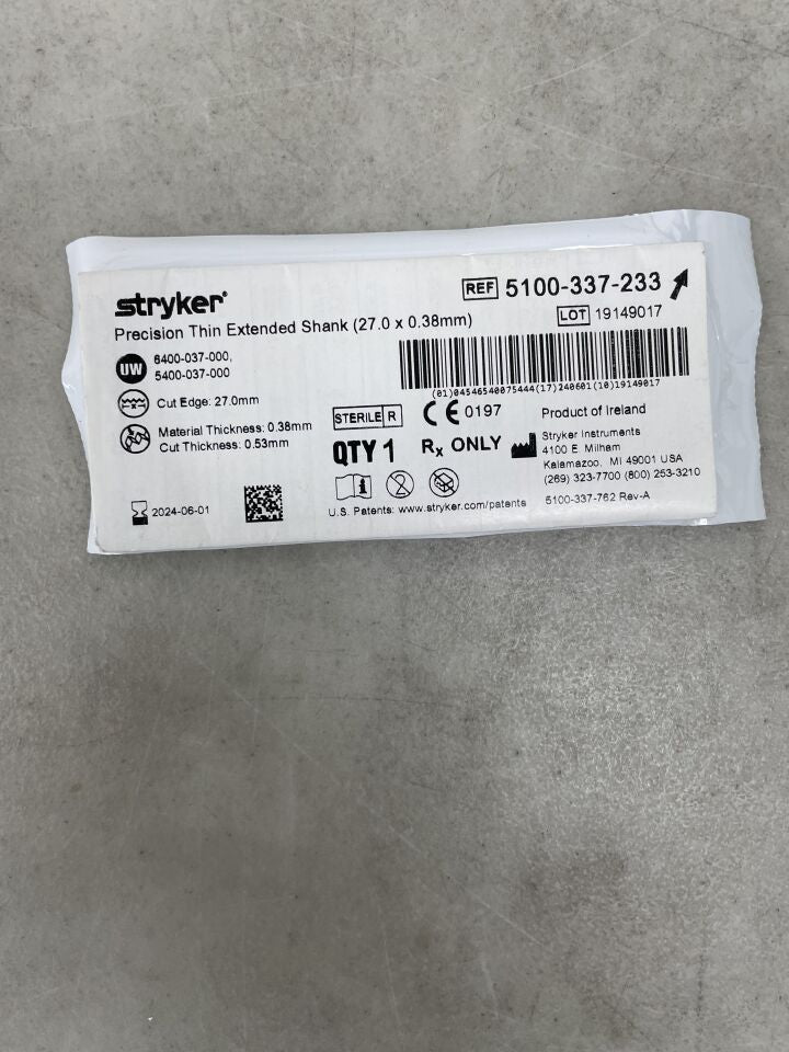 5100-337-233 - STRYKER - Precision Thin Extended Reciprocating Saw Blade, 27 mm Wid, (EA) - ( Expiry Date: 2024-06-01 )