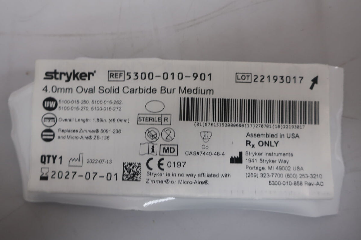 5300-010-901 - STRYKER - Fluted Solid Oval Micro Burr, 4 dia. x 7.7 mm Head Length, (EA)