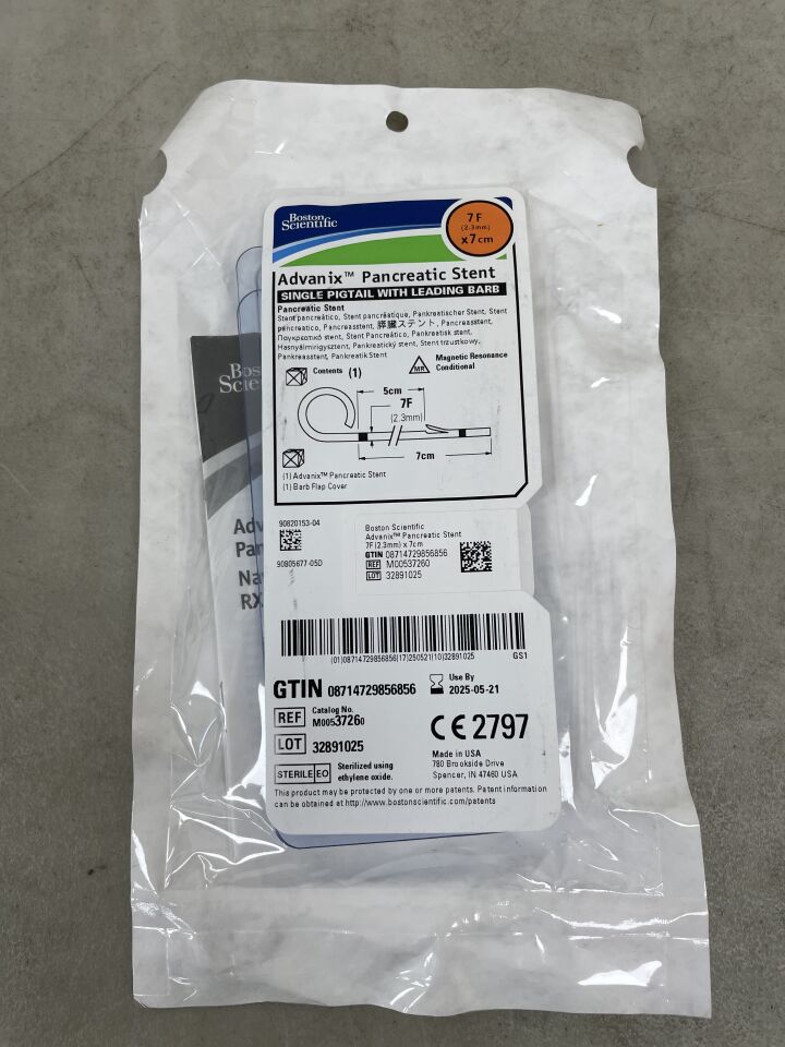 3726 - BOSTON SCIENTIFIC - Advanix Pancreatic Stent - Single Pigtail with Leading Barb - 7Fr x 7cm, (EA) - ( Expiry Date: 2025-05-21 )
