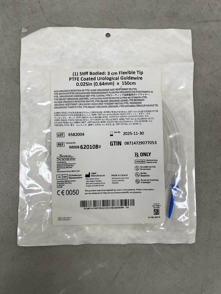 620108 - BOSTON SCIENTIFIC - Stiff Bodied PTFE Coated Urological Guidewire 3cm Flexible Tip 0.025"/0.64mm x 150cm, (EA) - ( Expiry Date: 2025-11-30 )