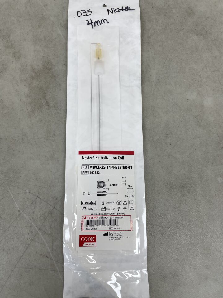 G47352 - COOK - Nester Sterile Fibered Platinum Embolisation Coil, 4 mm dia. x 14 cm Embolus Length, (EA) - ( Expiry Date: 2025-07-07 )