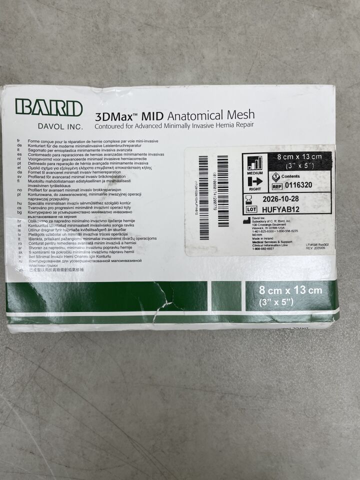 116320 - BARD - Malla anatómica 3DMax MID: Mediana, derecha, 3" x 5", (caja/1) - (Fecha de caducidad: 28/10/2026)
