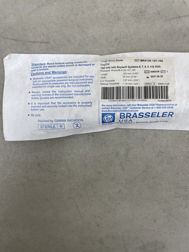 BR4125-127-100 - BRASSELER - Hoja de hueso grande sagital de 100 mm x 25 mm (unidad) - (Fecha de vencimiento: 30/08/2027)