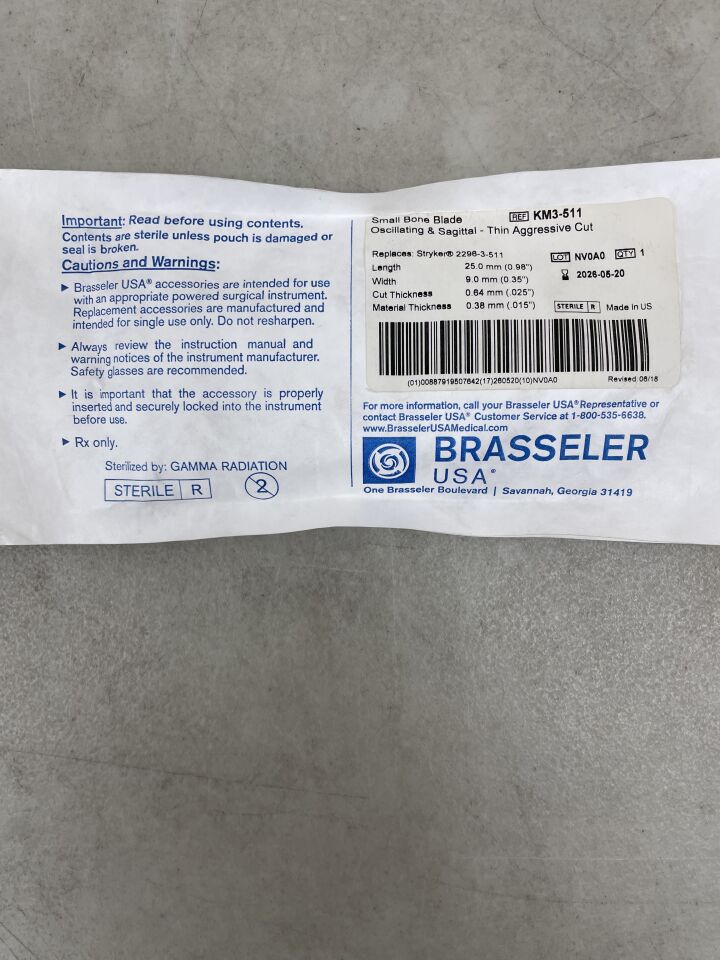 KM3-511 - BRASSELER - Hoja de sierra quirúrgica para esternón, 25,0 x 9,0 mm, (unidad) - (Fecha de caducidad: 20/05/2026)