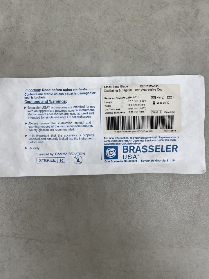 KM3-511 - BRASSELER - Hoja de sierra quirúrgica para esternón, 25,0 x 9,0 mm, (unidad) - (Fecha de caducidad: 10/06/2026)