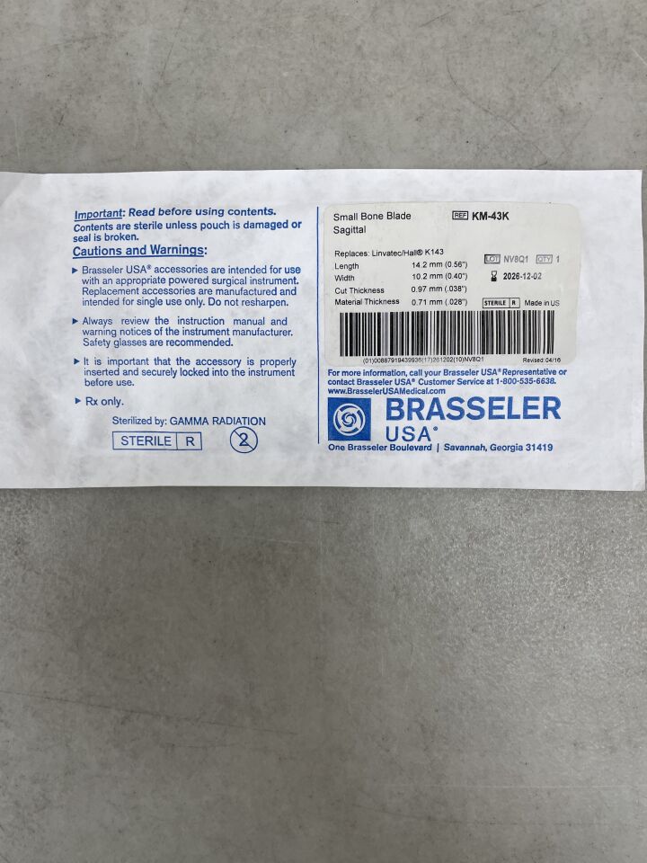 KM-43K - BRASSELER - Hoja de sierra sagital para huesos, tamaño S, 14,2 mm x 10,2 mm, 0,97 mm de grosor, (unidad) - (Fecha de caducidad: 02/12/2026)