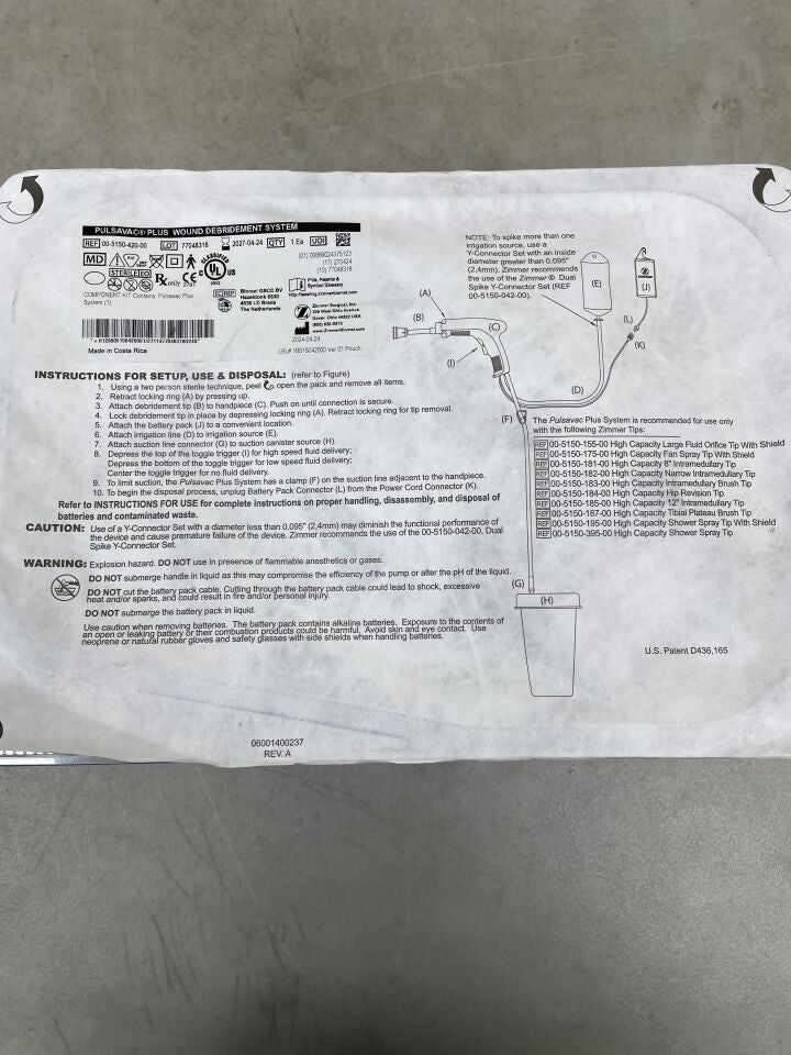 00-5150-420-00 - ZIMMER - Kit de componentes PulsaVac Plus (no incluye punta de desbridamiento), (unidades) - (Fecha de caducidad: 24/04/2027)