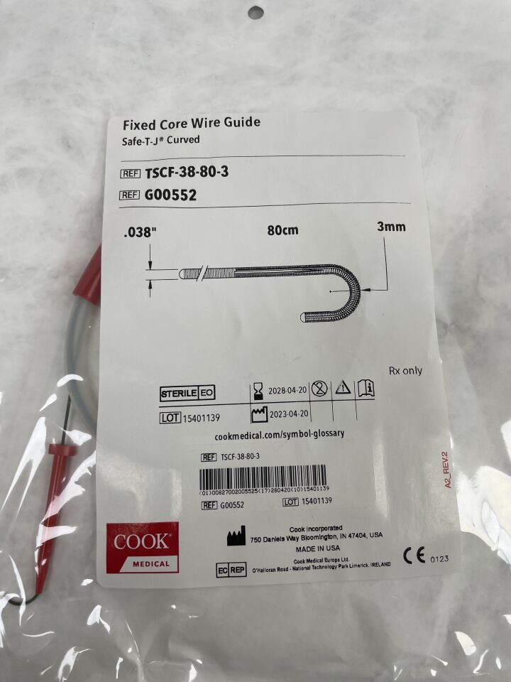 G00552 - COOK - Guía de alambre de núcleo fijo, punta de seguridad TJ: 0,038" x 80 cm, (unidad) - (Fecha de caducidad: 20/04/2028)