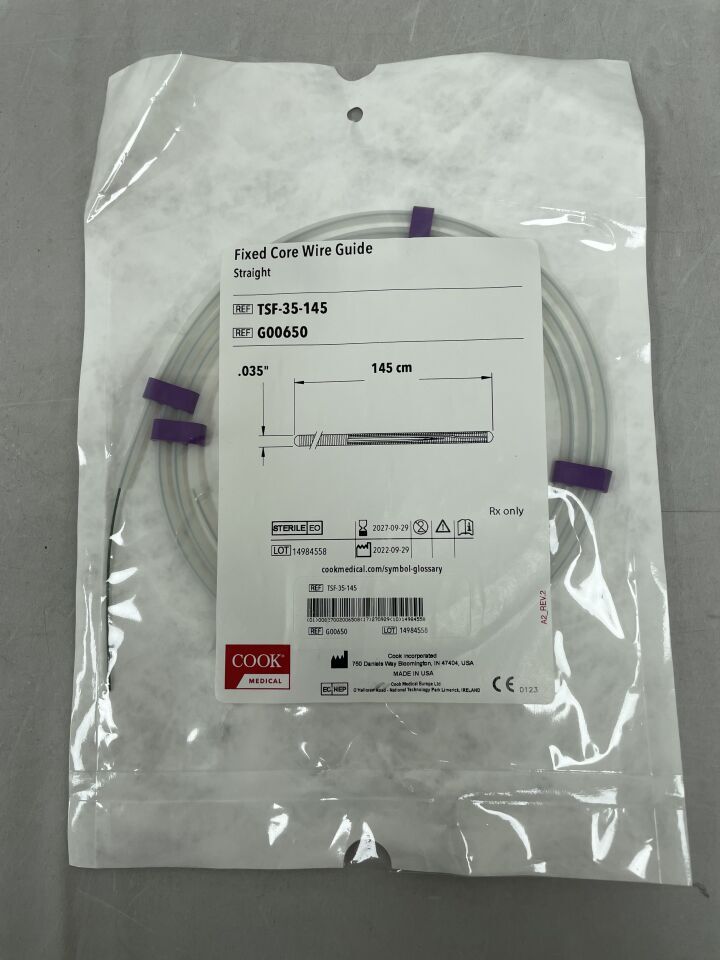 G00650 - COOK - Guía de alambre de punta recta con núcleo fijo, 0,035 pulg. de diámetro x 145 cm de longitud, (unidad) - (Fecha de vencimiento: 29/09/2027)