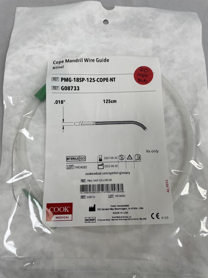 G08733 - COOK - 鎳鈦合金芯軸導線器 .018" x 125cm，（EA）-（有效期限：2027-08-30）