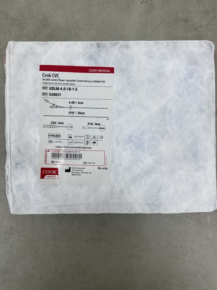 G58837 - COOK - Catéter venoso central de doble luz, inyectable, 4F (unidades) - (Fecha de caducidad: 01/05/2027)