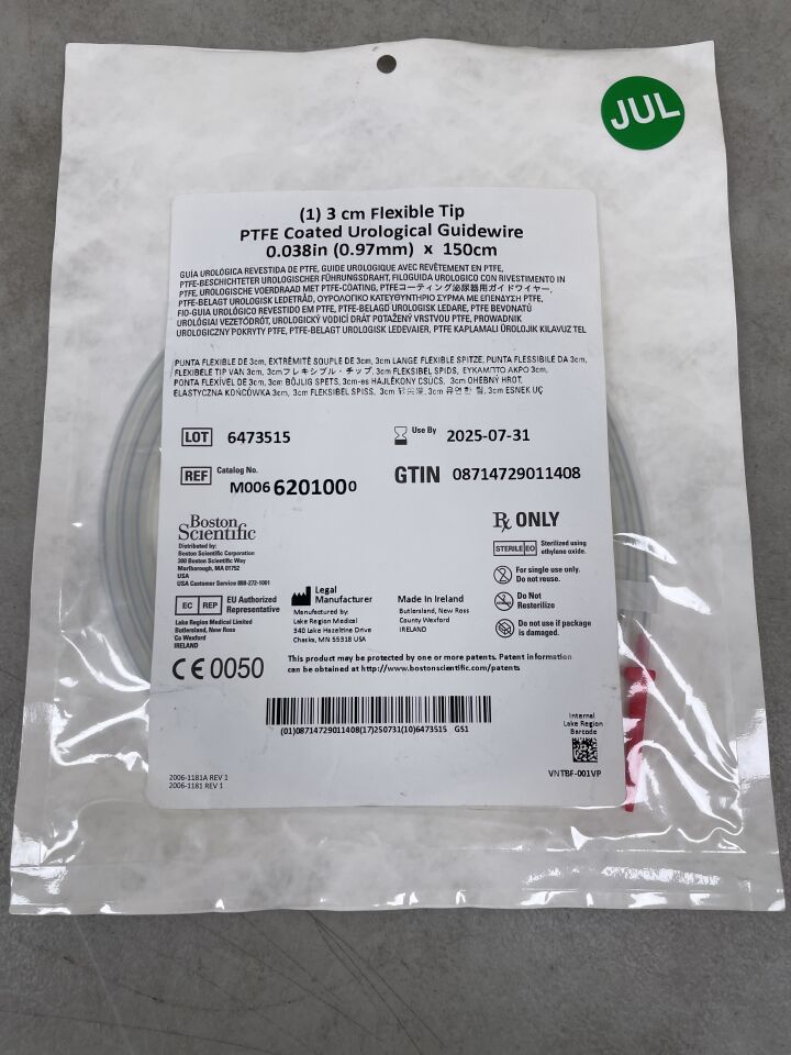 620100 - BOSTON SCIENTIFIC - PTFE Coated Urological Guidewire - Flexible Tip - .038" x 150cm, (EA) - ( Expiry Date: 2025-07-31 )