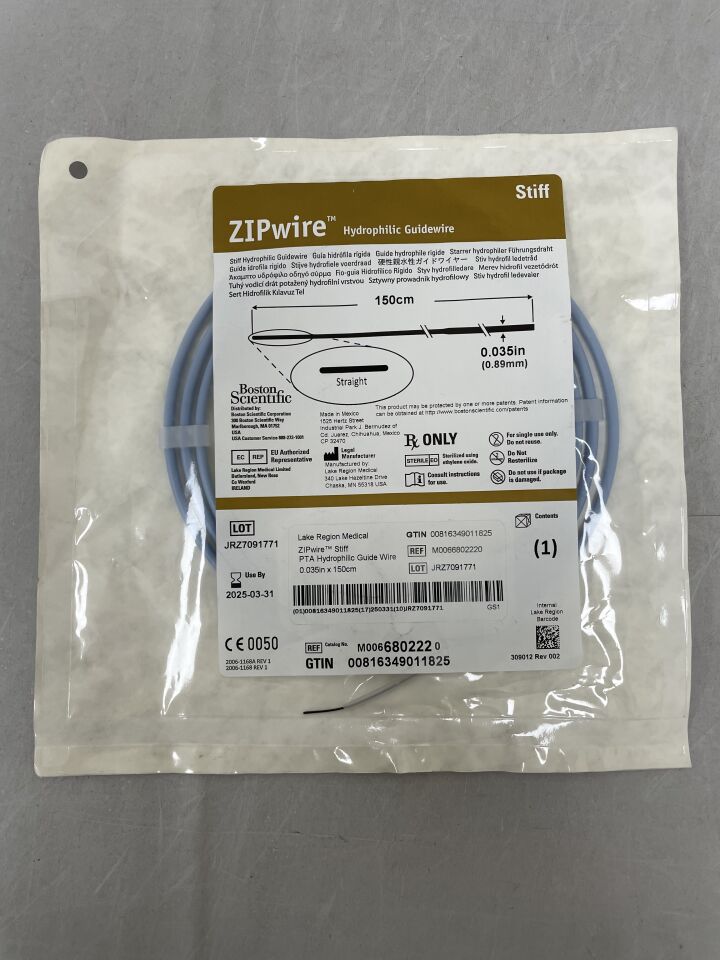 680222 - BOSTON SCIENTIFIC - ZIPwire Hydrophilic Guidewire - Stiff, Straight - .035" x 150cm, () - ( Expiry Date: 2025-11-30 )