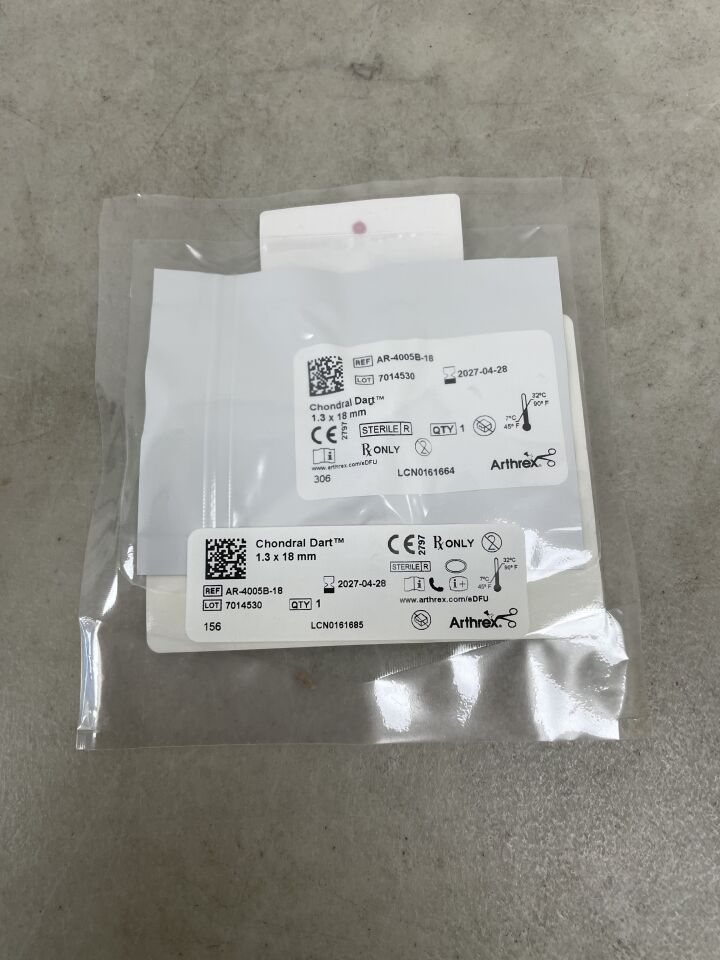Arthrex Chondral Dart sterile medical device packaging on gray surface