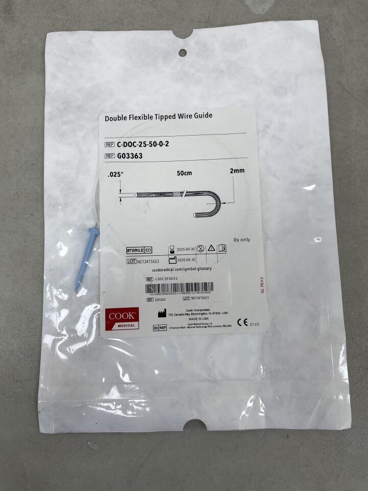 G03363 - COOK - Double Flexible Tipped Wire Guide- .025" x 50cm x 2mm, (EA) - ( Expiry Date: 2025-09-30 )