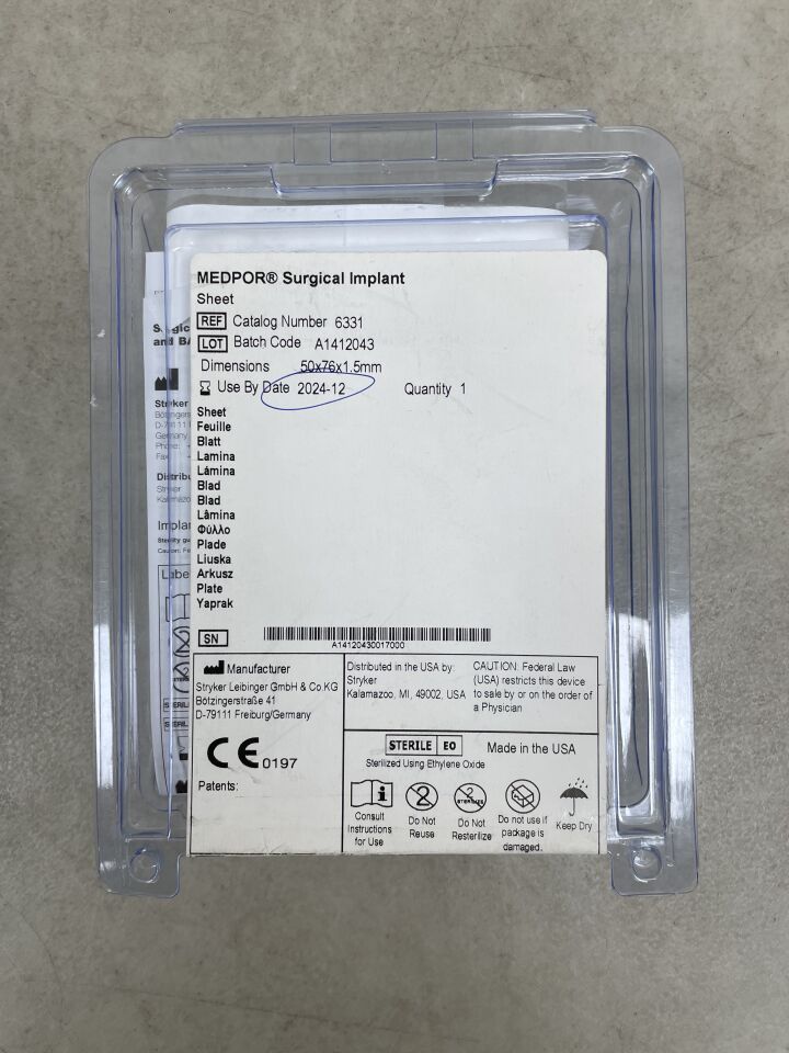 6331 - STRYKER - Medpor Surgical Implant Sheet, 50 x 76 x 1.5mm
, () - ( Expiry Date: 2024-12-01 )