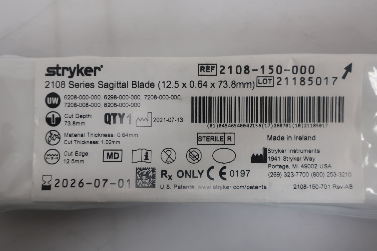2108-150-000 - STRYKER - 2108 Series Sagittal Blade, 12.5 x 0.64 x 73.8mm, (EA) - ( Expiry Date: 2023-11-01 )