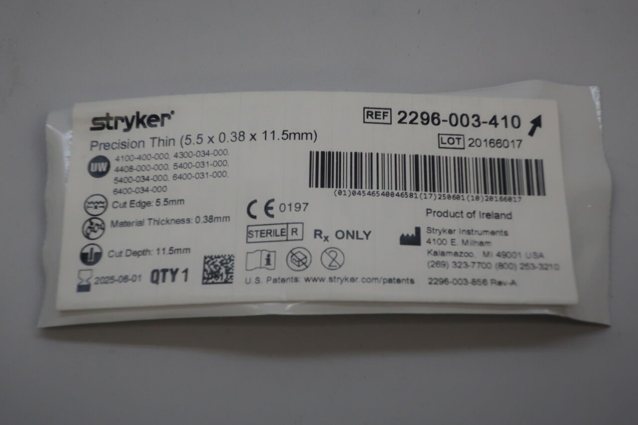 2296-003-410 - STRYKER - Short Narrow Saw Blade, 11.5 L x 5.5 mm W, 0.38 mm Thickne, (EA) - ( Expiry Date: 2025-04-01 )