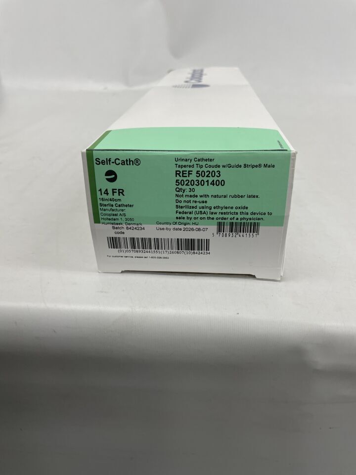 50203 - COLOPLAST - 自導尿管，錐形尖端，帶導引條，男用，14FR，40cm，（BX/30）-（有效期至：2026-08-07）