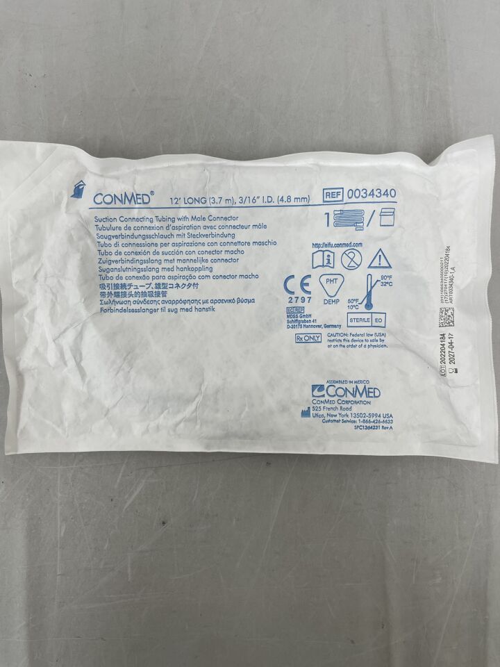 34340 - CONMED - Suction Tubing with Male Connector, 4.8mm, 12' Length, (EA) - ( Expiry Date: 2027-04-17 )