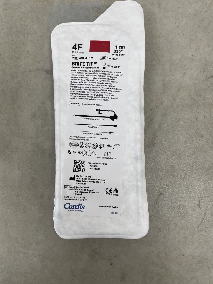 401-411M - CORDIS - Introductor de vaina Brite Tip con minialambre 4F x 11 cm, 0,035", (unidad) - (Fecha de caducidad: 31/03/2028)