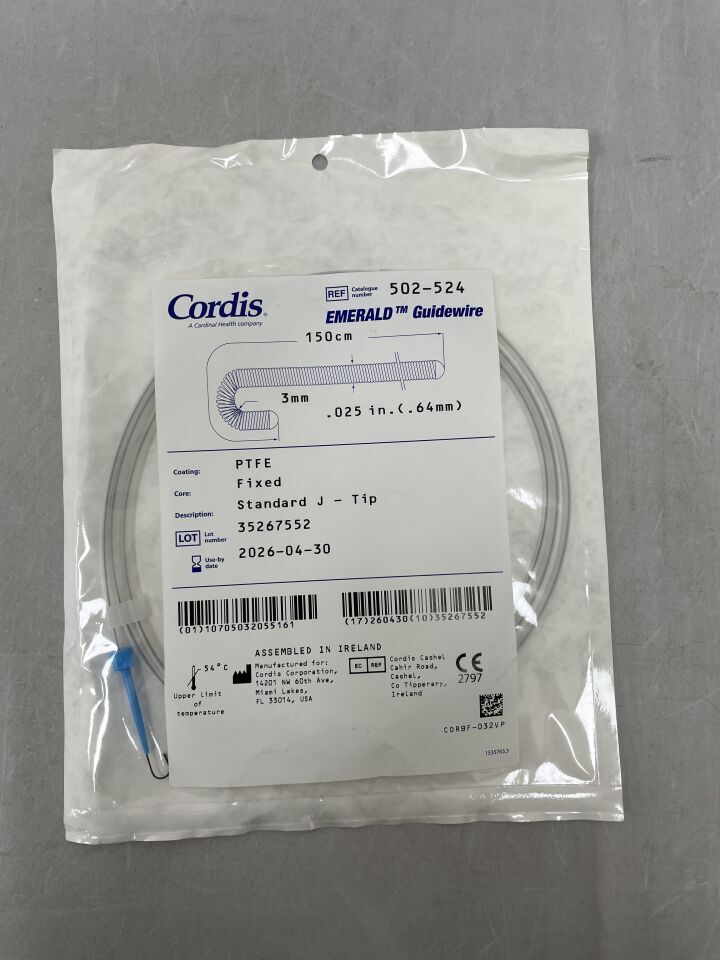 502-524 - CORDIS - Guía Emerald recubierta de PTFE: 0,025" x 150 cm, estándar, punta en J, ( ) - ( Fecha de caducidad : )