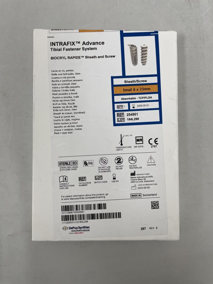 254801 - DEPUY - INTRAFIX Advance Tibial Fastener System, BIOCRYL RAPIDE Sheath and Screw, Small 8 x 23mm BR, (BX/1) - ( Expiry Date: 2026-05-31 )