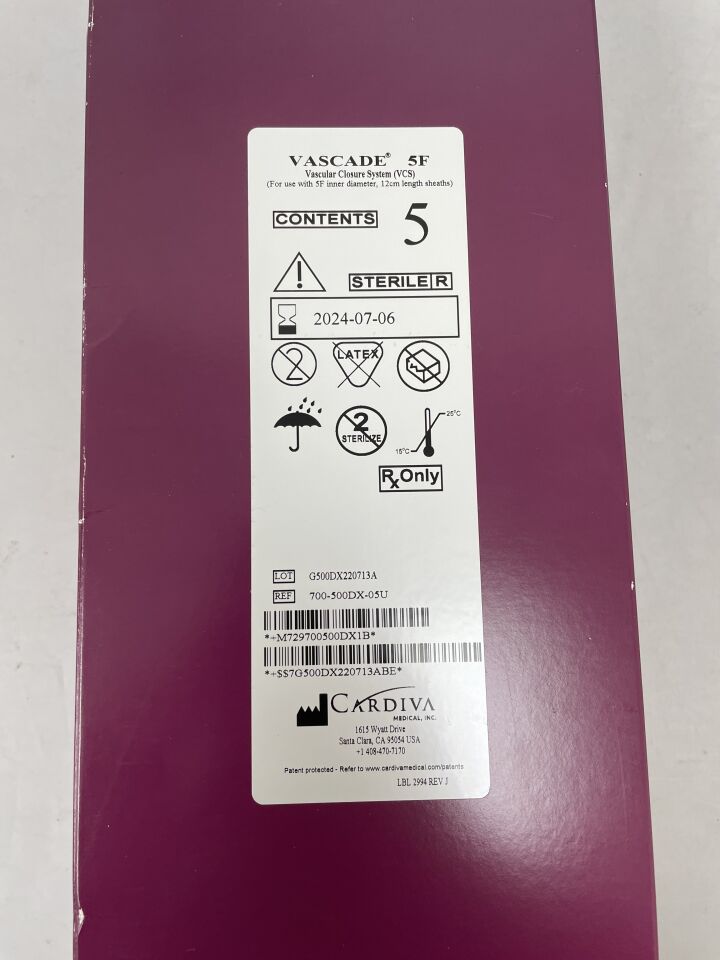 700-500DX-05U - CARDIVA - vascade vascular closure system 5f, (BX/5) - ( Expiry Date: 2025-10-18 )