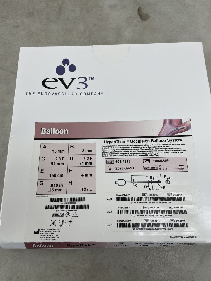 104-4315 - EV3 - HyperGlide Occlusion Balloon System - 3mm x 15mm (Balloon Catheter), .010" x 200cm (Guidewire), (BX/1) - ( Expiry Date: 2025-09-13 )