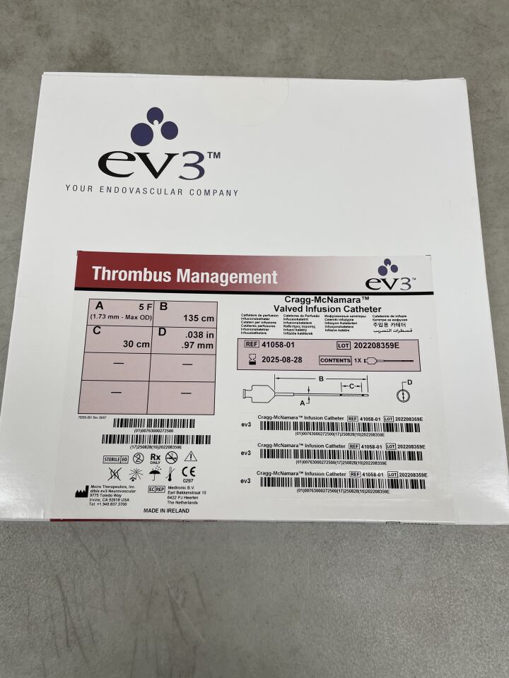 41058-01 - EV3 - Cragg-McNamara Valved Infusion Catheter, 5F x 135cm x 30cm x .038", (BX/1) - ( Expiry Date: 2025-08-28 )