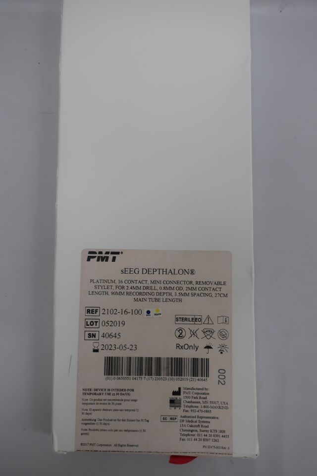 2102-16-100 - PMT - sEEG DEPTHALON, PLATINUM, 16 CONTACT, MINI CONNECTOR, REMOVABLE STYLET, FOR 2.4MM DRILL, (BX/1) - ( Expiry Date: 2025-09-02 )