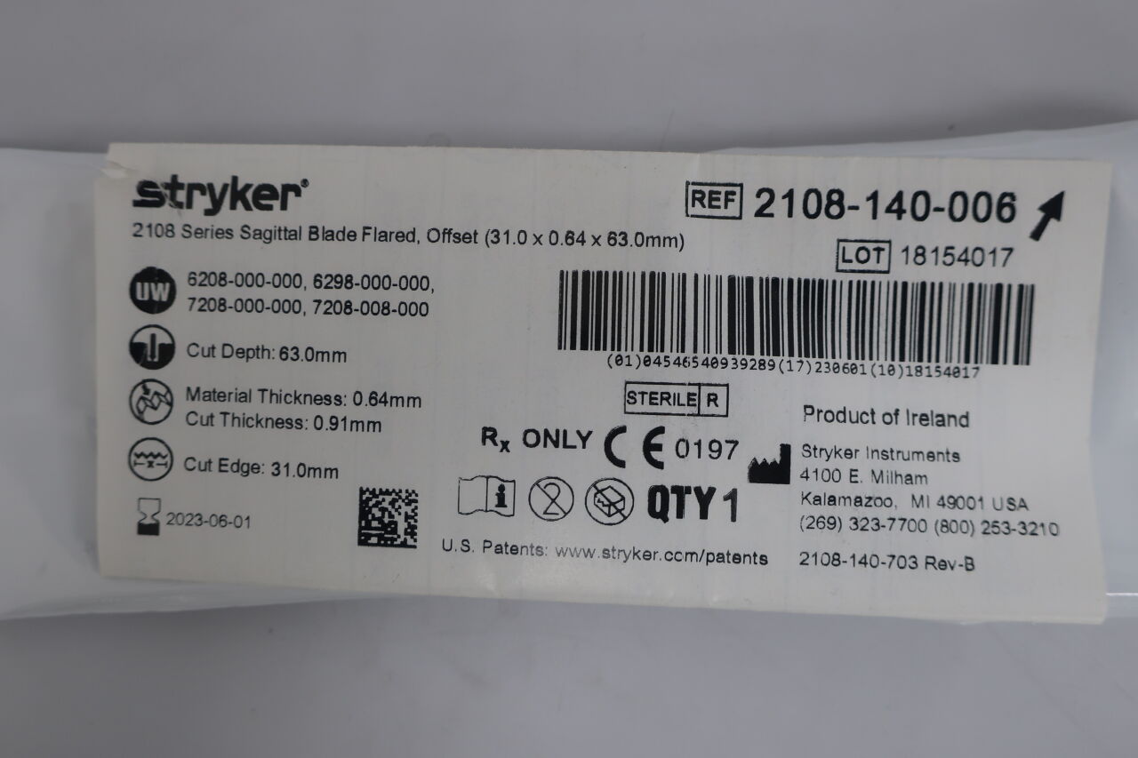2108-140-006 - STRYKER - Heavy Duty Sagittal Blade: Flared, Offset, (EA) - ( Expiry Date: 2025-10-01 )