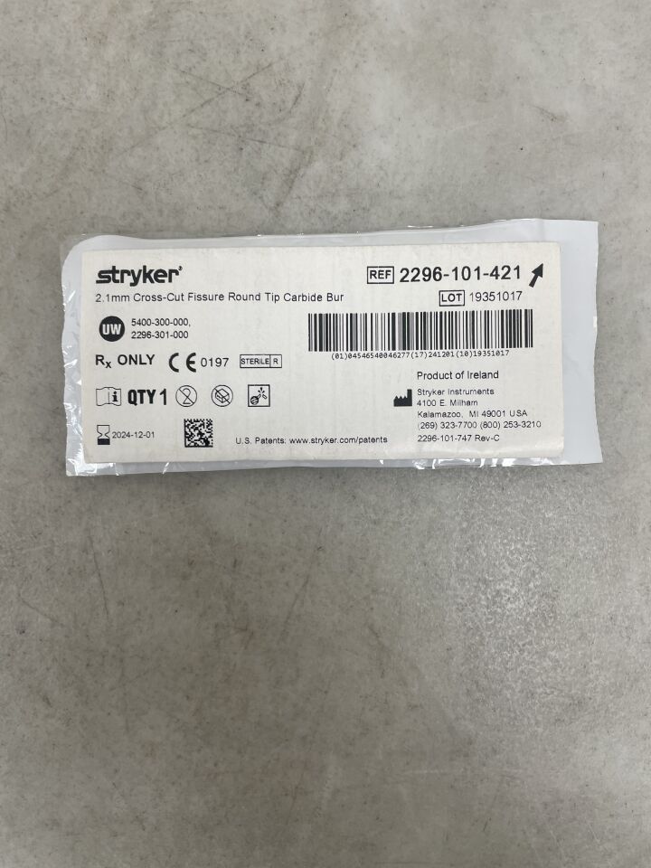 2296-101-421 - STRYKER - Cross Cut Fissure Round Tip Carbide Bur 2.1mm, (EA) - ( Expiry Date: 2024-12-01 )