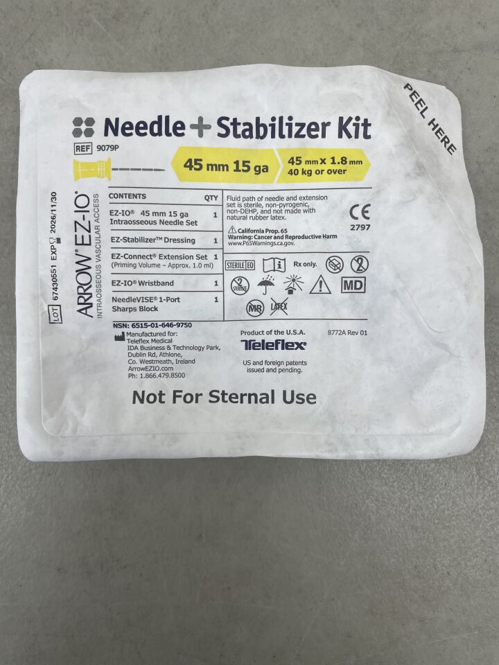 Arrow EZ-IO Needle and Stabilizer Kit sterile medical packaging for intraosseous access, 45mm 15ga, on gray surface