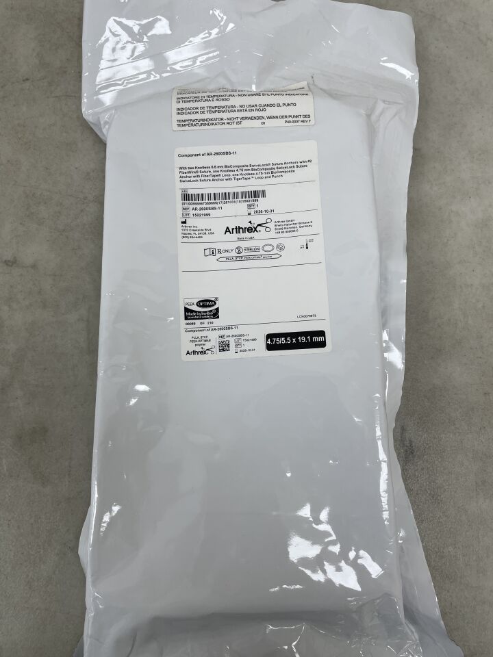 Sterile medical surgical equipment Arthrex pouch with product label on gray surface