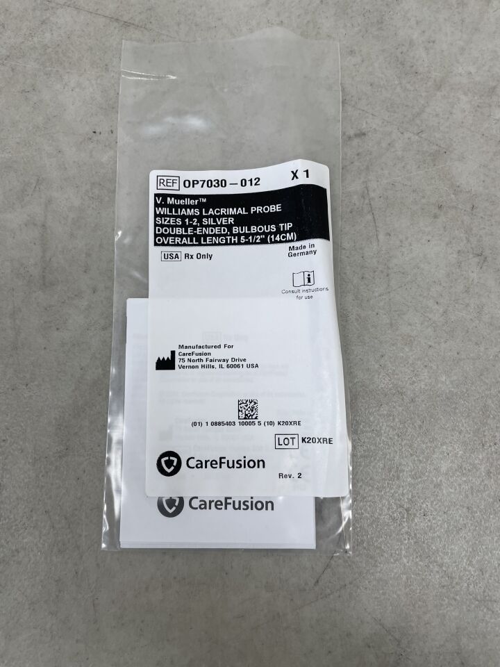 OP7030-012 - CAREFUSION - V. Mueller WILLIAMS LACRIMAL PROBE SIZES 1-2, SILVER DOUBLE-ENDED, BULBOUS TIP OVERALL LENGTH 5-1/2 inches 14CM, (EA) - ( Expiry Date: 2099-12-31 )