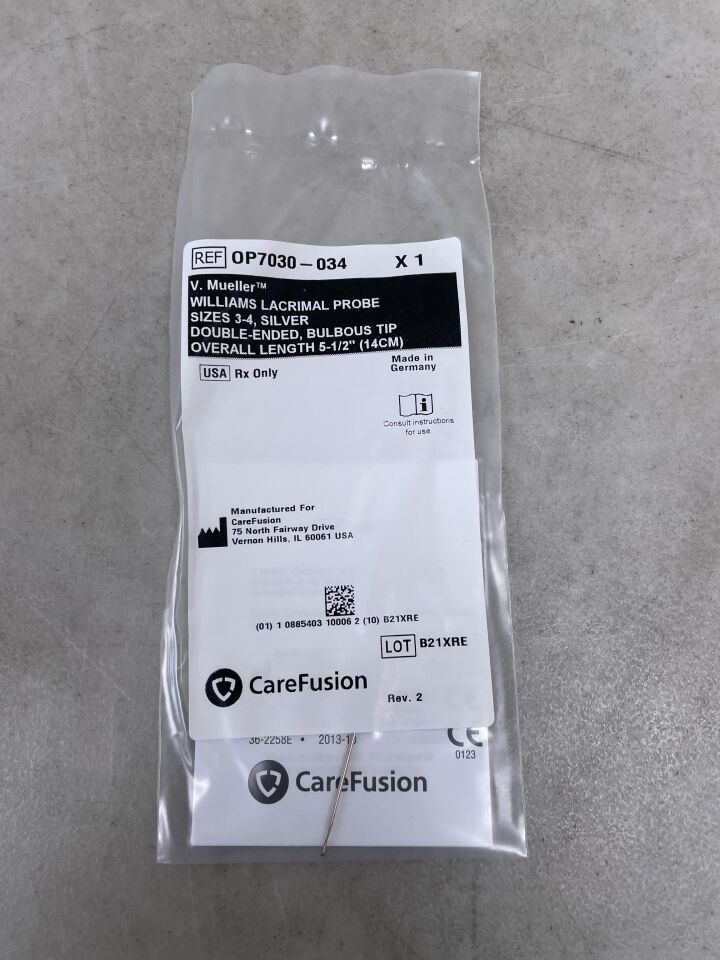 OP7030-034 - CAREFUSION - V. Mueller WILLIAMS LACRIMAL PROBE SIZES 3-4, SILVER DOUBLE-ENDED, BULBOUS TIP OVERALL LENGTH 5-1/2 inches 14CM, (EA) - ( Expiry Date: 2099-12-31 )